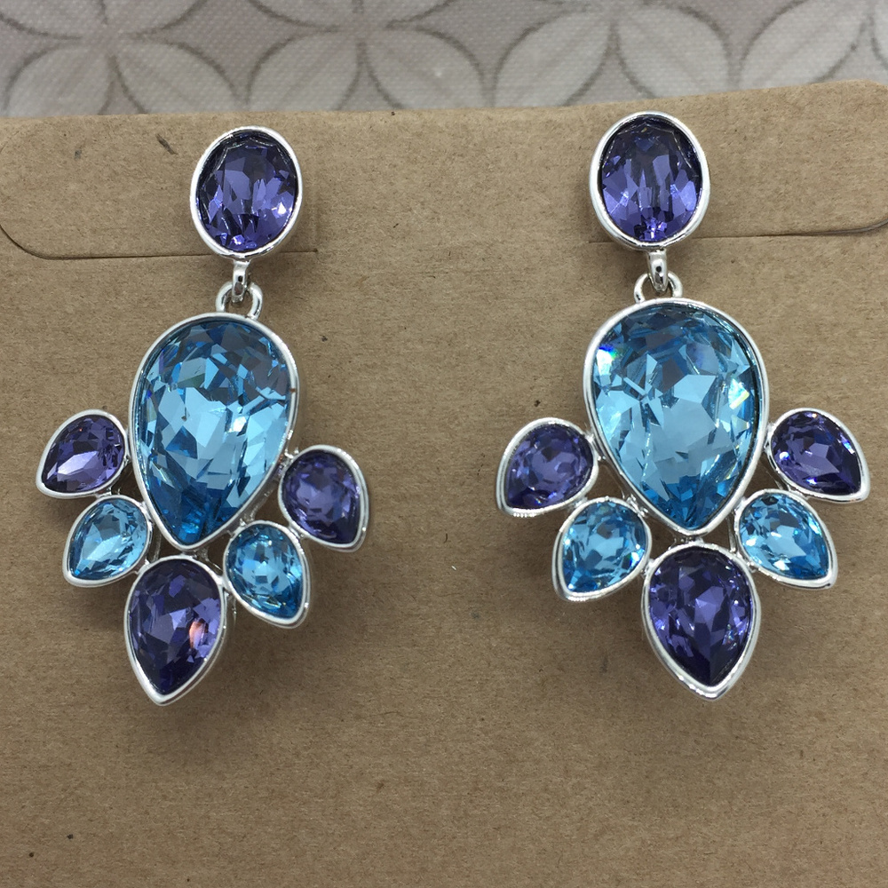 Crystal teardrop cluster earrings blue